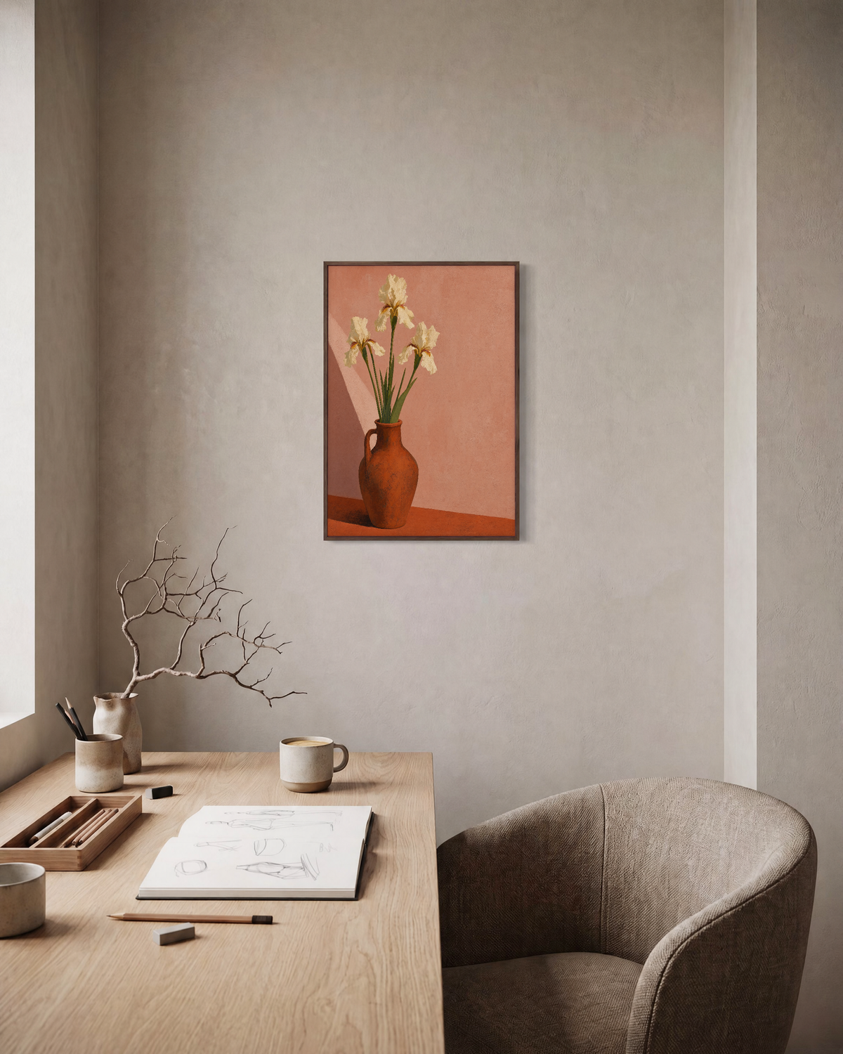 Rust Amphora Three Irises unframed print is shown framed for styling in a home office; frame not included
