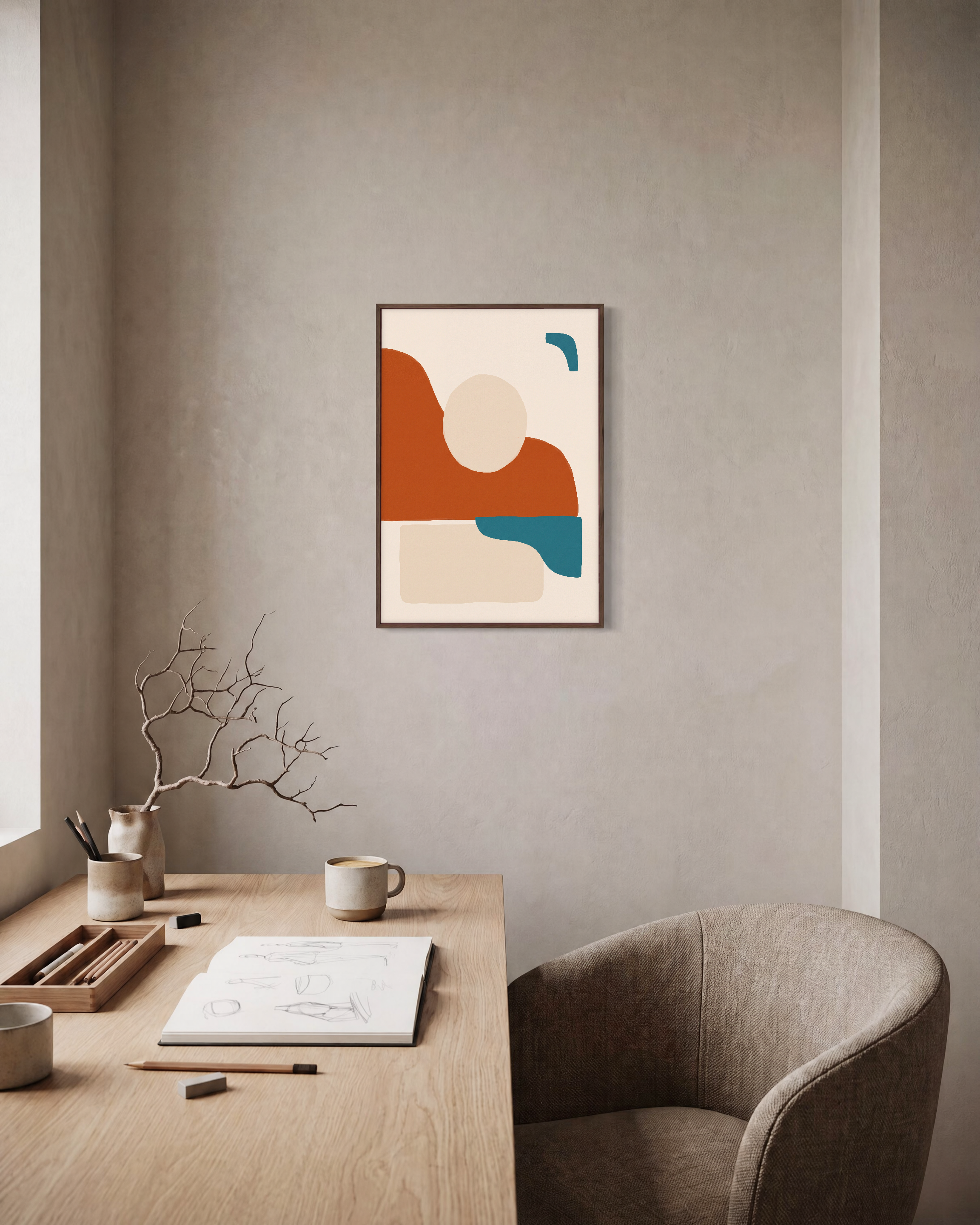 Horizon Sun unframed print is shown framed for styling in a home office; frame not included