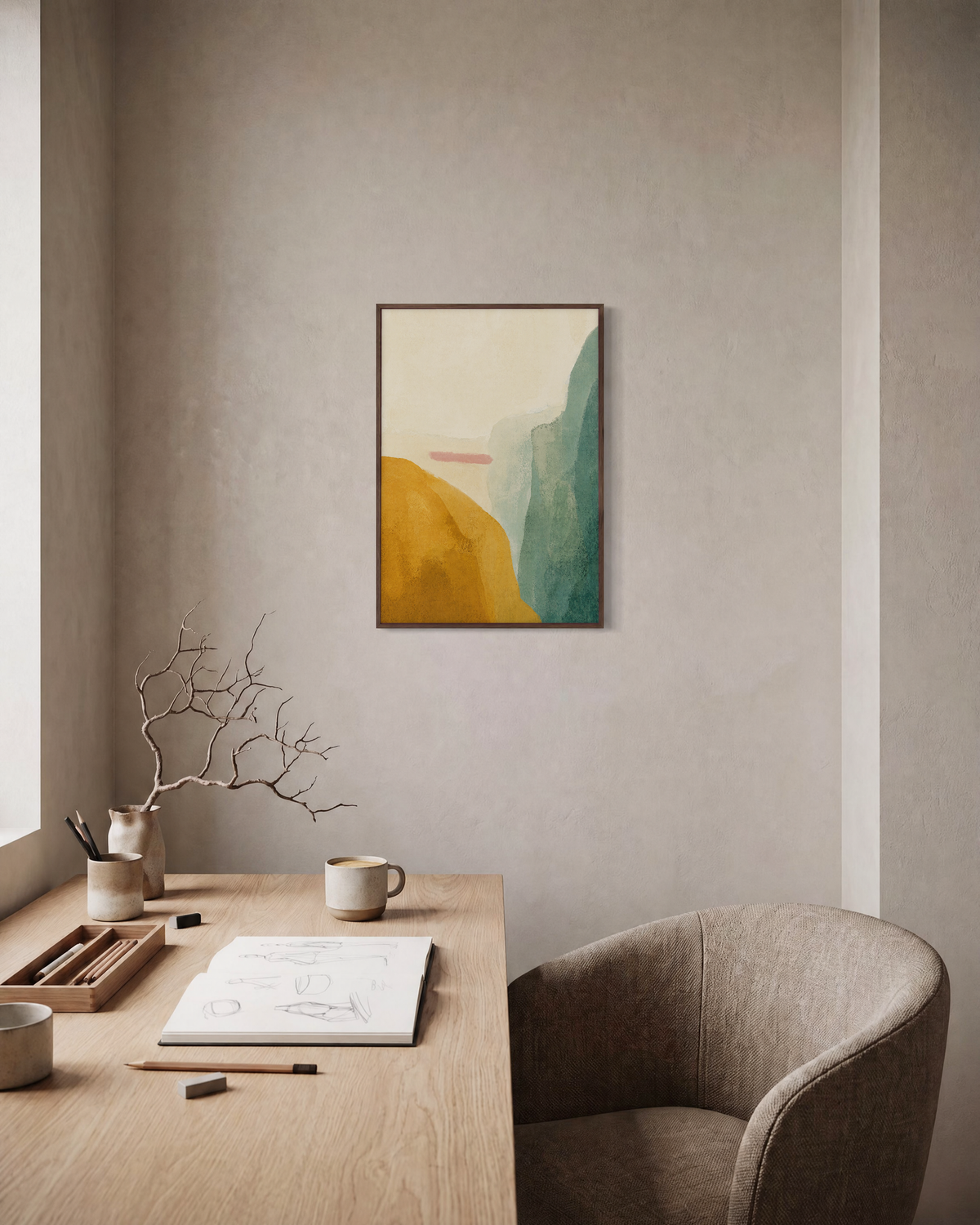 Mustard Hill with Rose Bar mustard yellow abstract wall art print: unframed print is shown framed for styling in a home office; frame not included