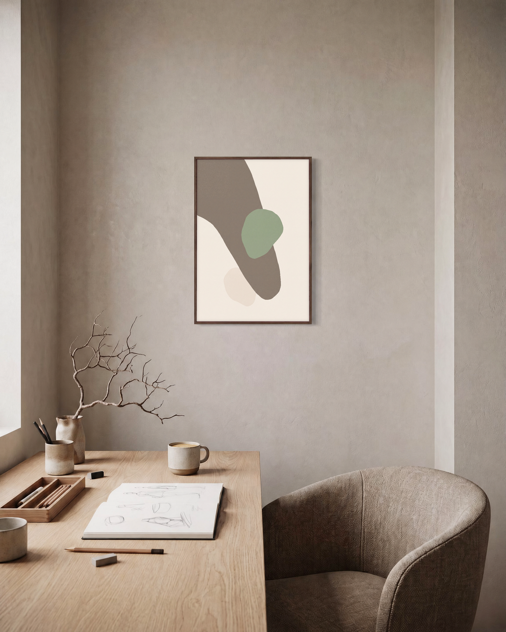 Soft Window unframed print is shown framed for styling in a home office; frame not included