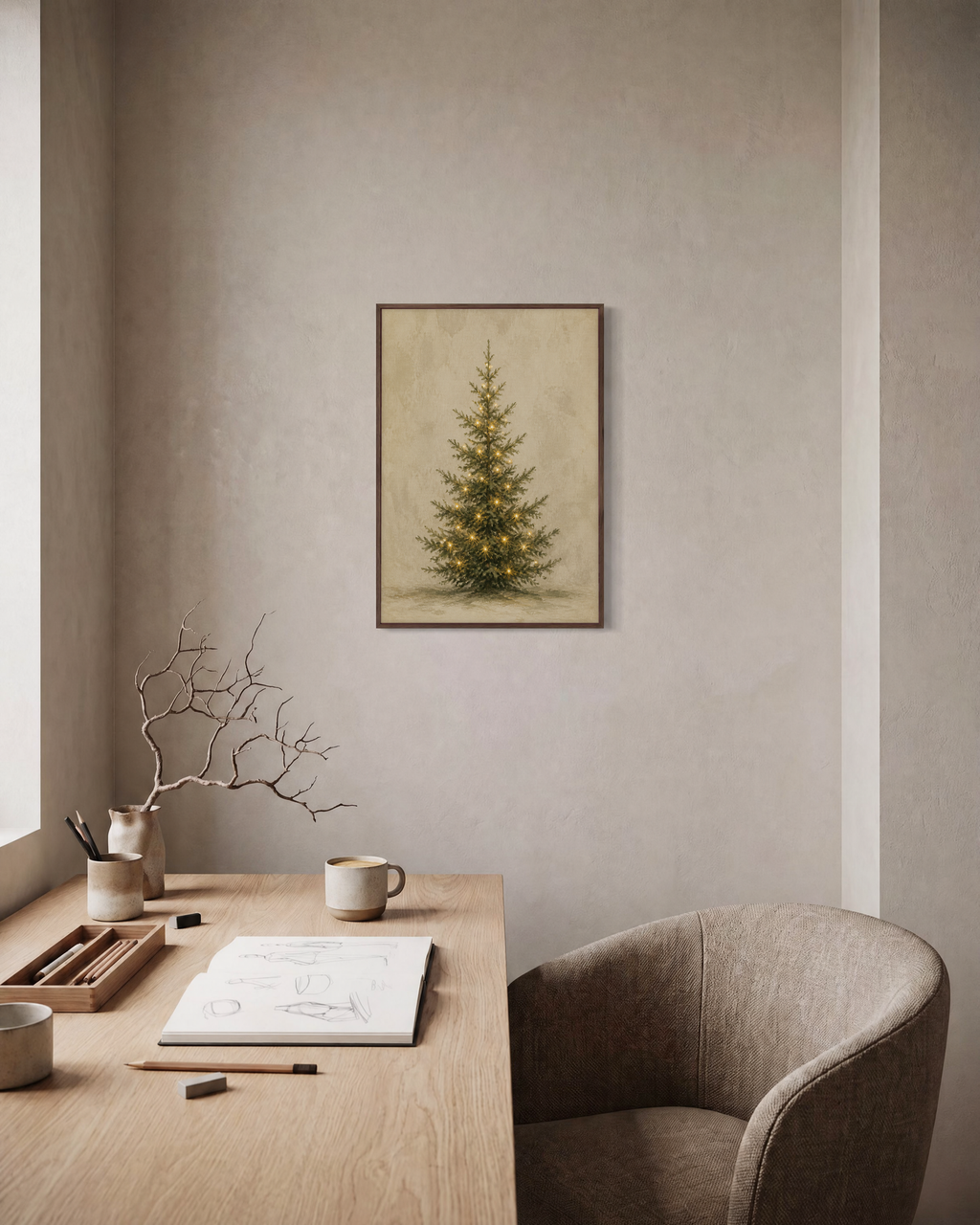 Lit Fir glowing fir print: unframed print is shown framed for styling in a home office; frame not included