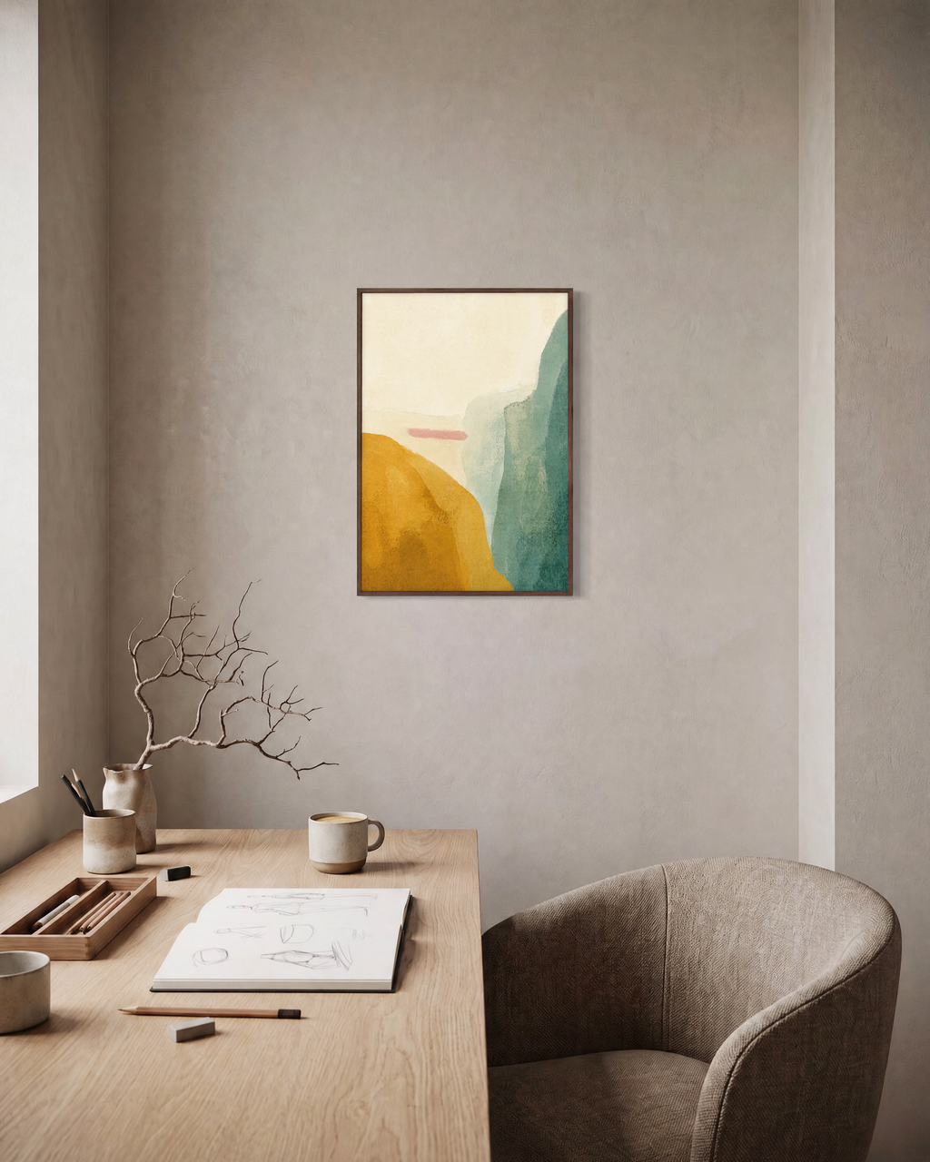Mustard Hill Fields unframed print is shown framed for styling in a home office; frame not included