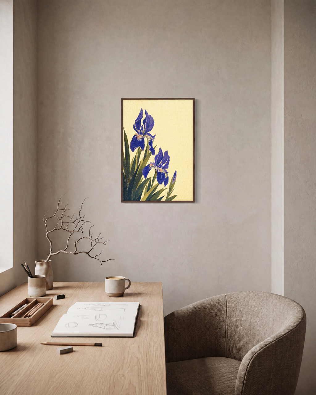 Blue Folk Stem unframed print is shown framed for styling in a home office; frame not included