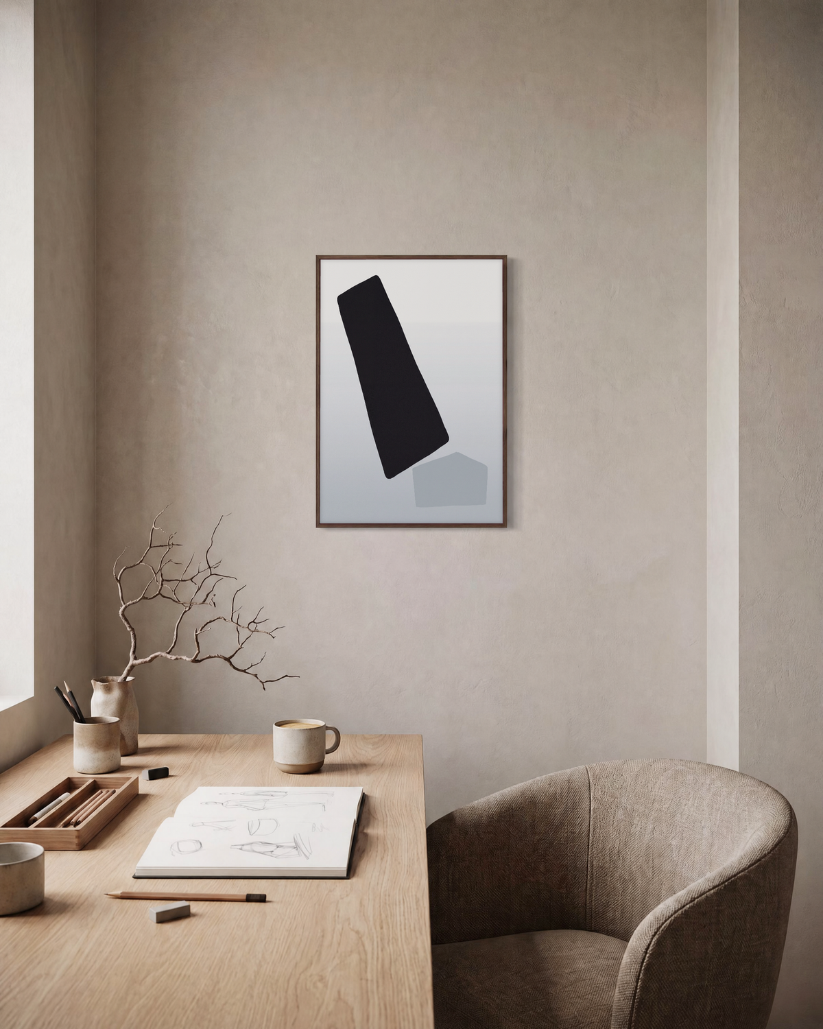 Offset Forms on White white geometric wall art: unframed print is shown framed for styling in a home office; frame not included