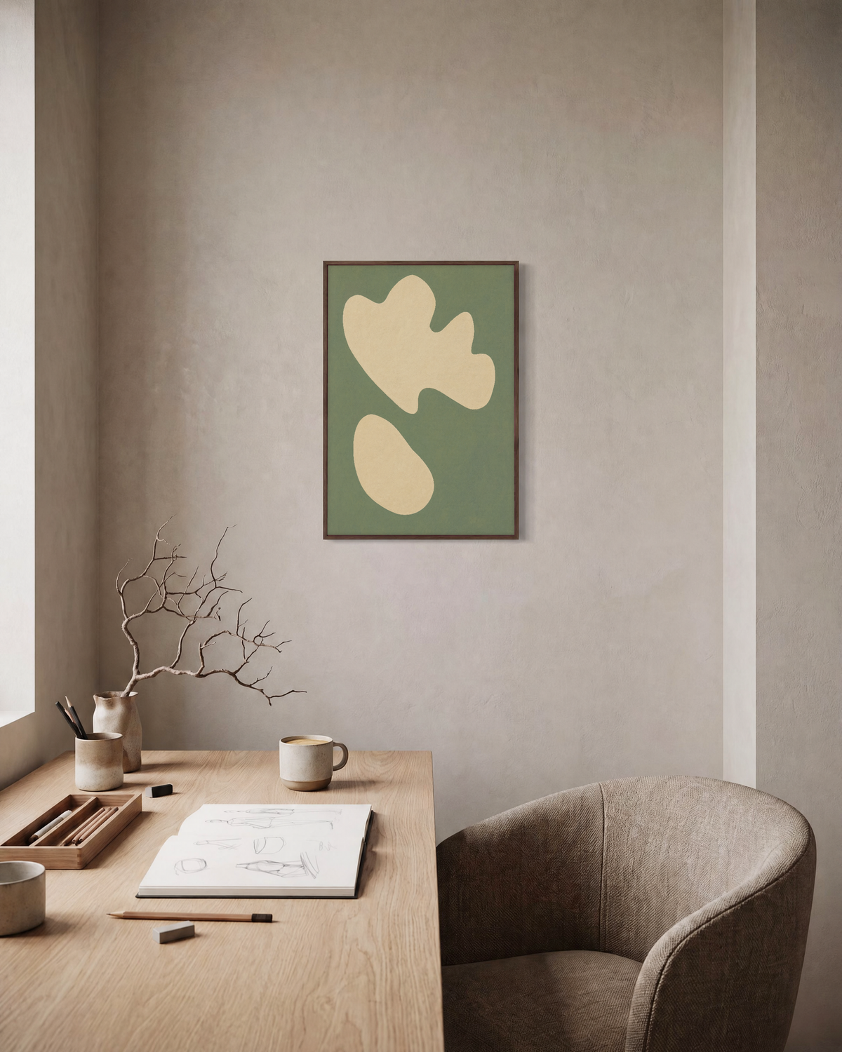 Cream Shapes on Green Field green and cream organic shapes wall art print: unframed print is shown framed for styling in a home office; frame not included