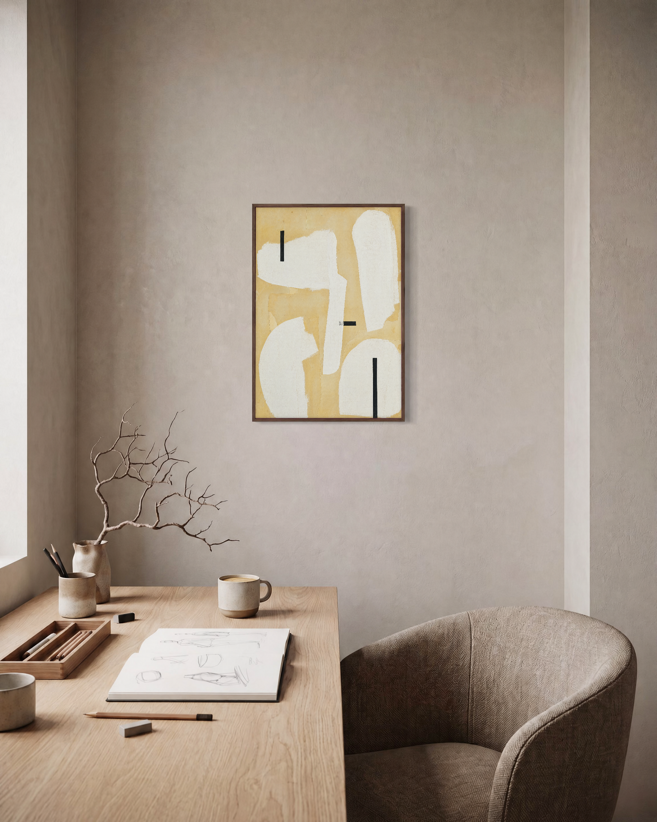 Nine Studies unframed print is shown framed for styling in a home office; frame not included
