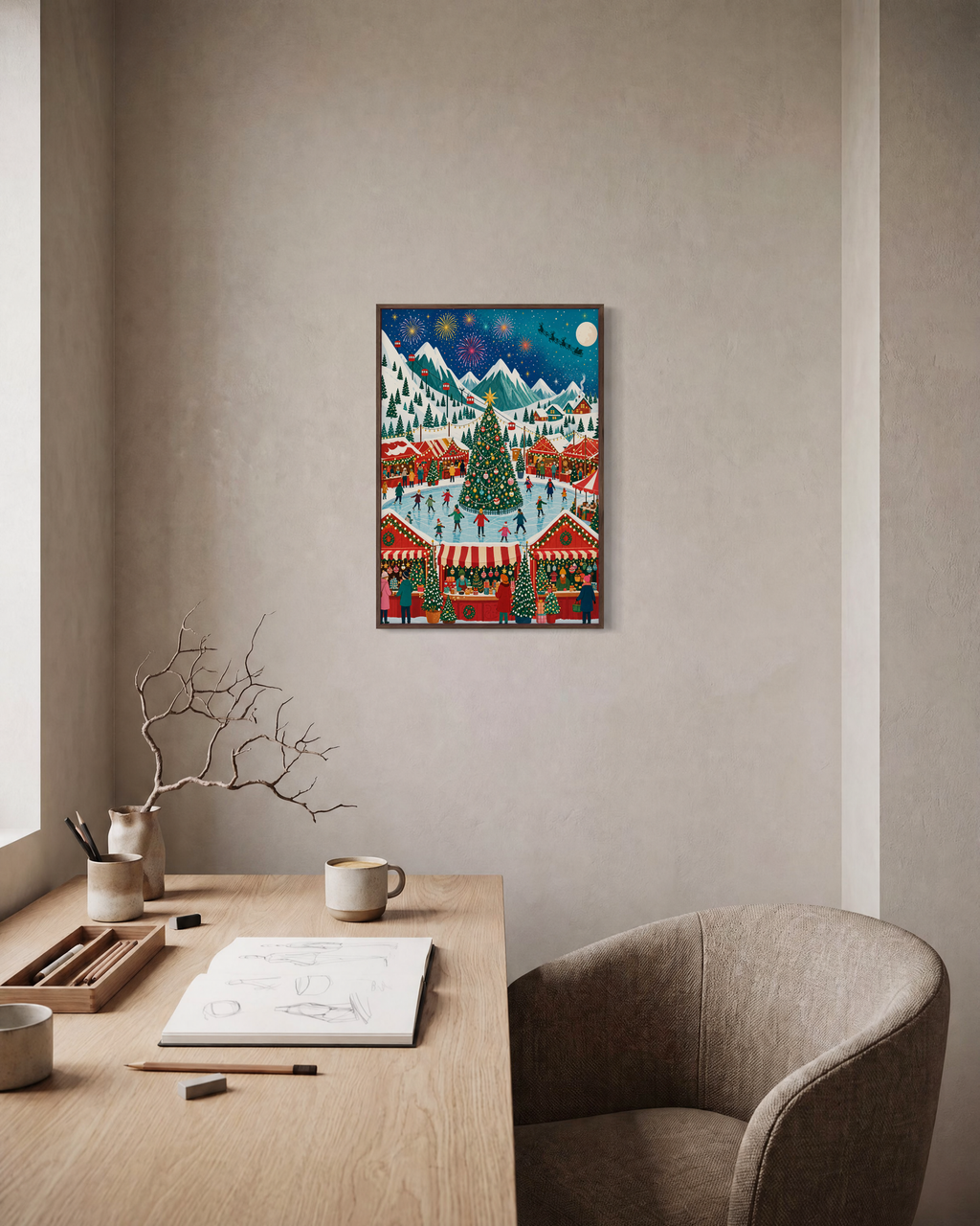 Fair Night alpine fair print: unframed print is shown framed for styling in a home office; frame not included