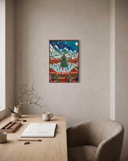Fair Night alpine fair print: unframed print is shown framed for styling in a home office; frame not included