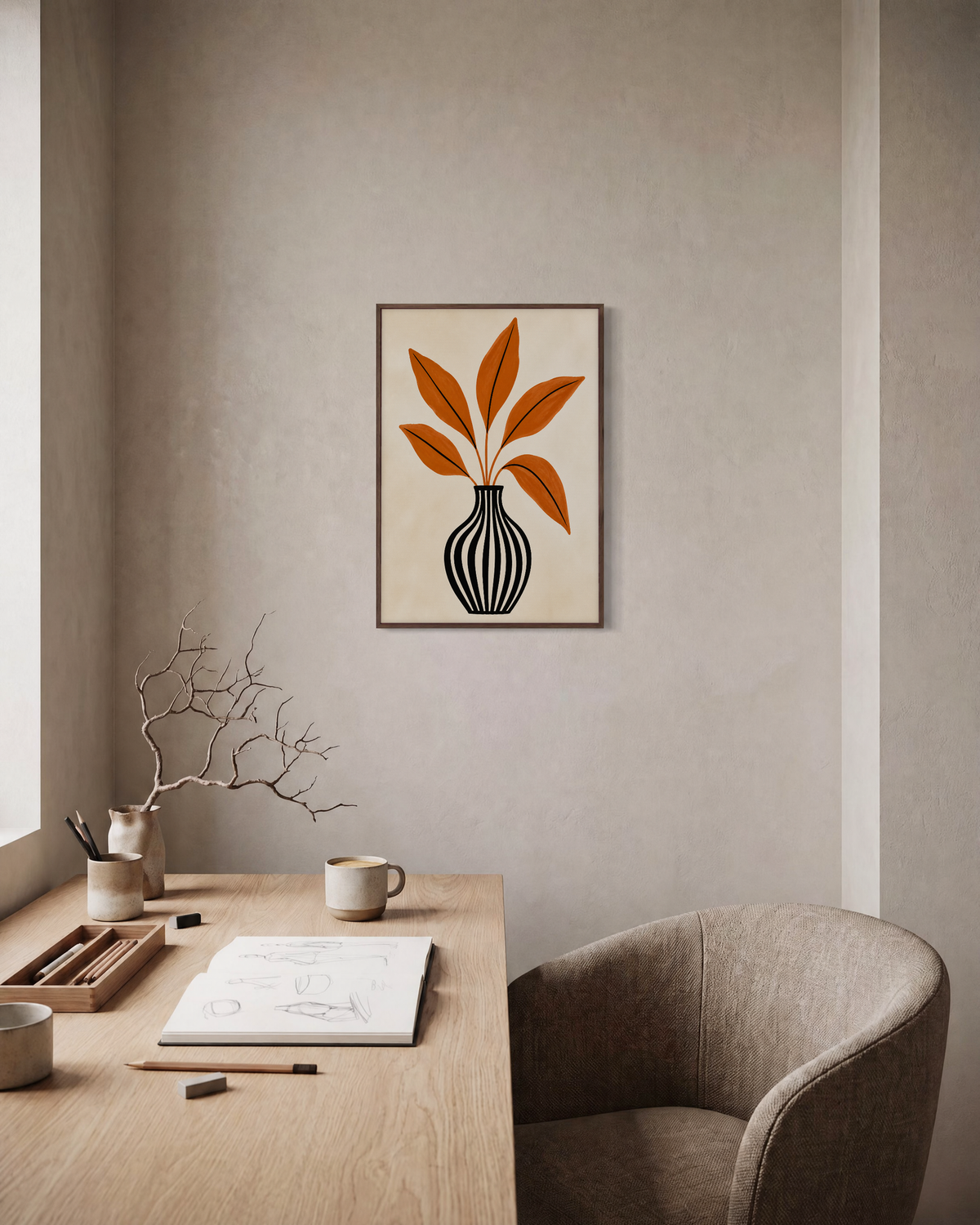 Leaf Keeper leaf art prints: unframed print is shown framed for styling in a home office; frame not included