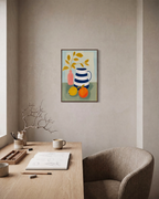 Morning Pitcher striped pitcher wall art: unframed print is shown framed for styling in a home office; frame not included