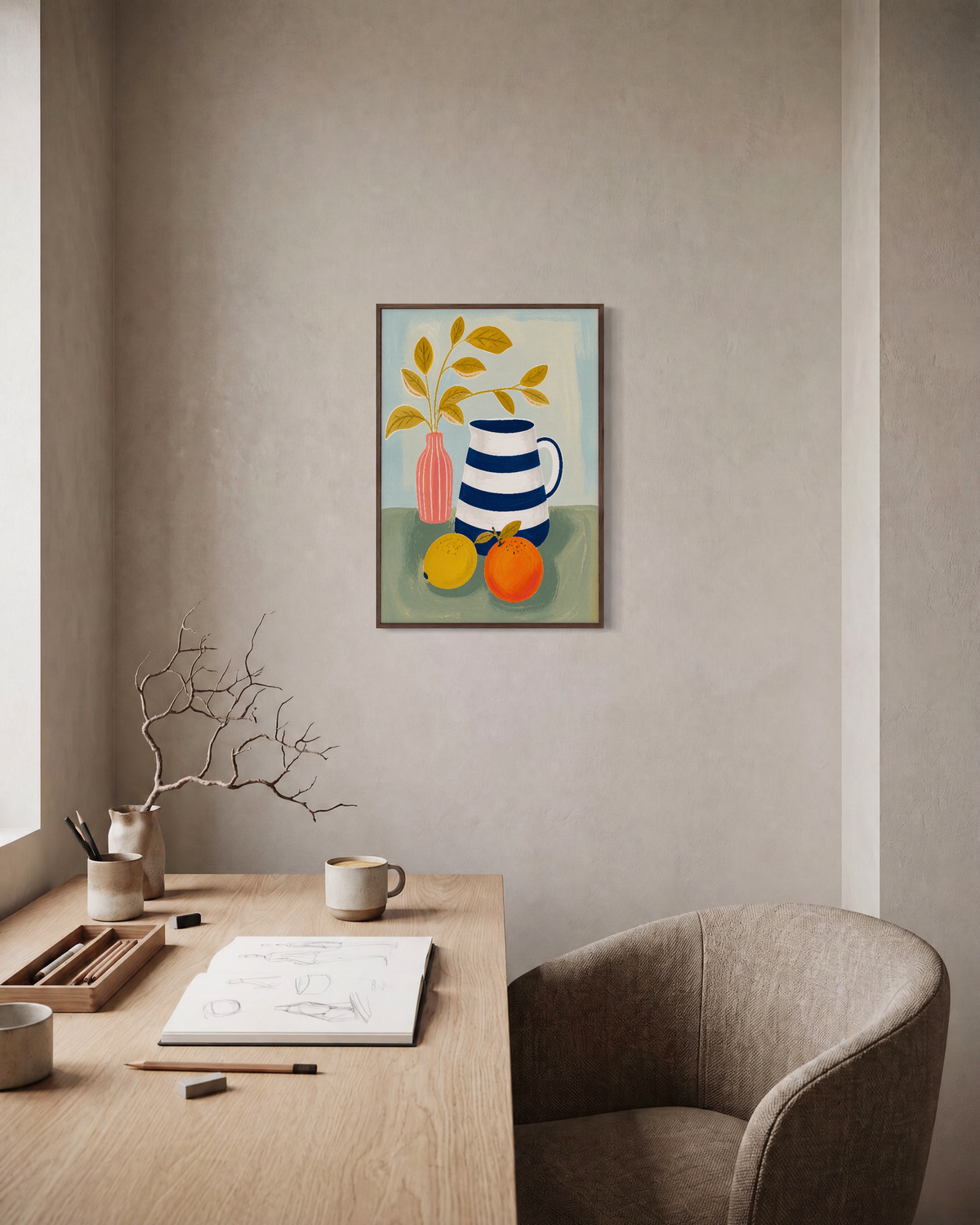 Morning Pitcher striped pitcher wall art: unframed print is shown framed for styling in a home office; frame not included