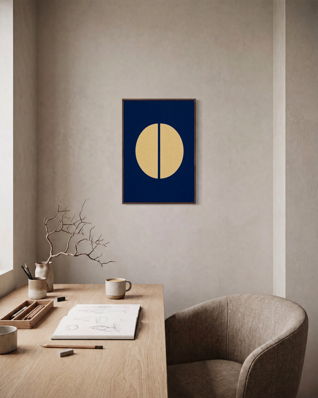 Noon Split Circle unframed print is shown framed for styling in a home office; frame not included