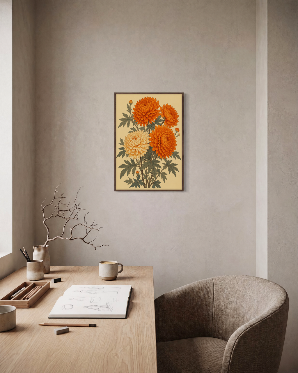 Chrysanthemum Hour chrysanthemum wall art: unframed print is shown framed for styling in a home office; frame not included
