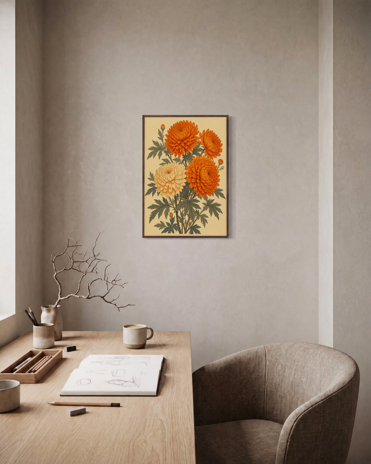 Chrysanthemum Hour chrysanthemum wall art: unframed print is shown framed for styling in a home office; frame not included