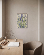 Garden Fan lavender spike botanical wall art: unframed print is shown framed for styling in a home office; frame not included