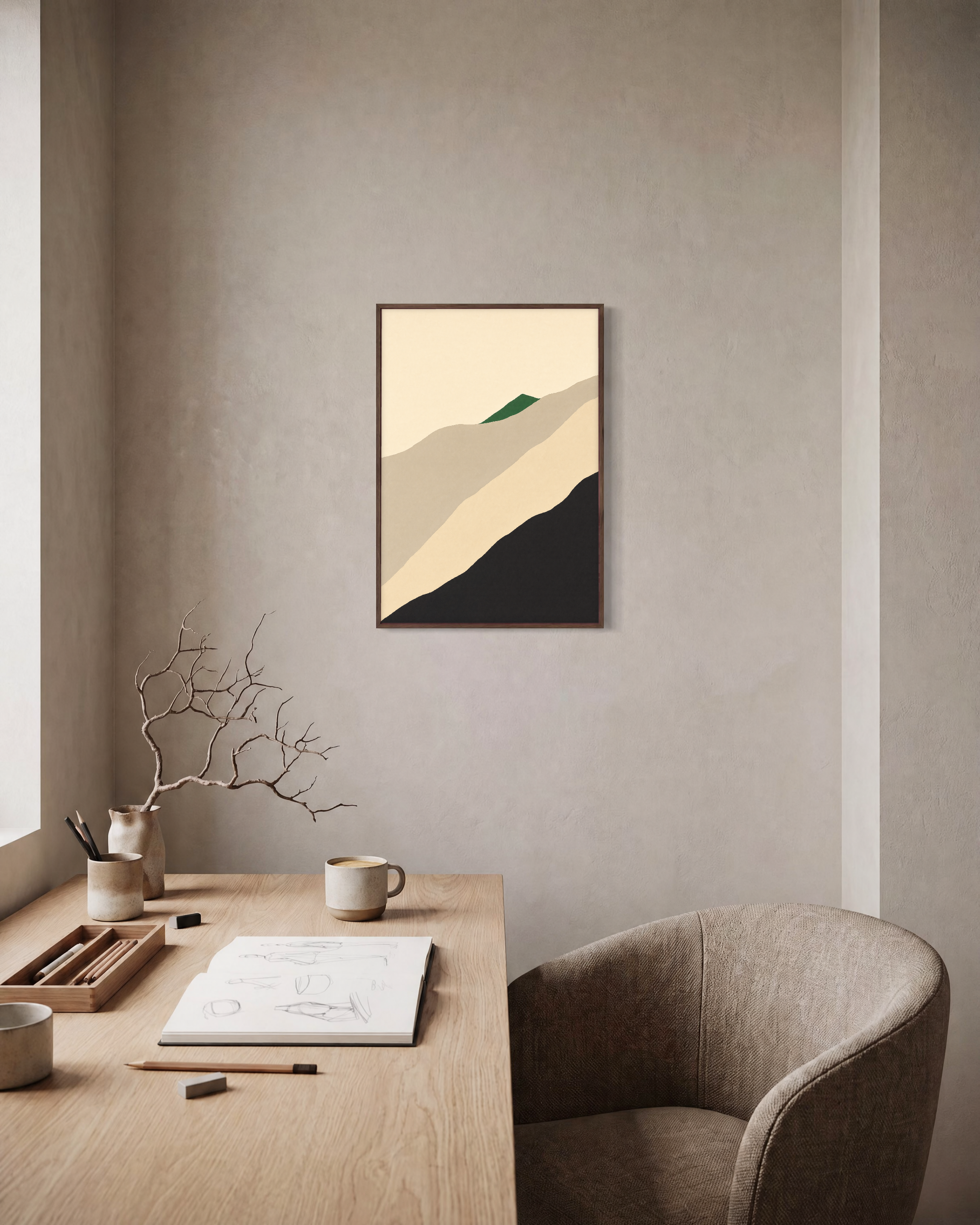 Green Ridge unframed print is shown framed for styling in a home office; frame not included