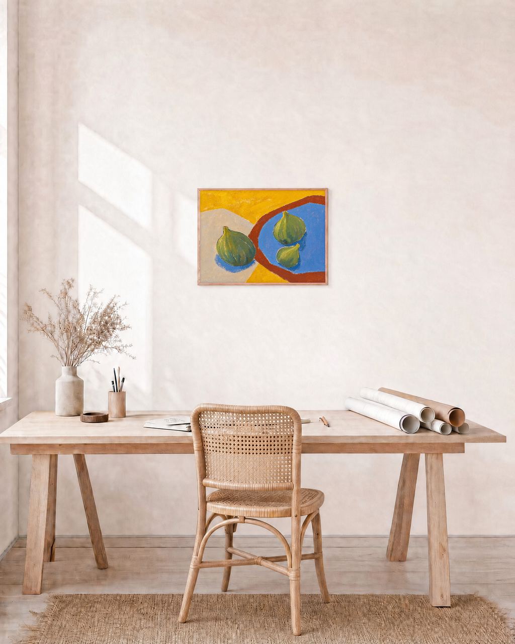 Three Figs Press edition unframed print is shown framed for styling in a home office; Frame not included