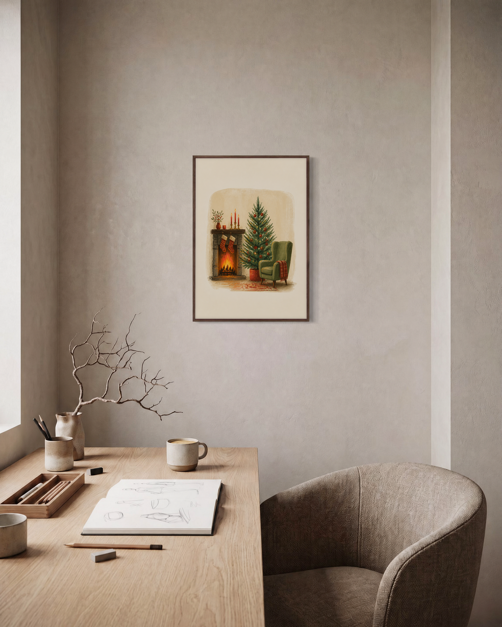 Fireside Eve vintage christmas prints: unframed print is shown framed for styling in a home office; frame not included