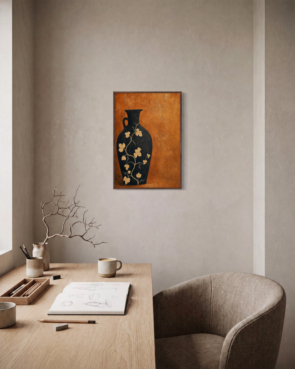 Black Amphora Motif unframed print is shown framed for styling in a home office; frame not included