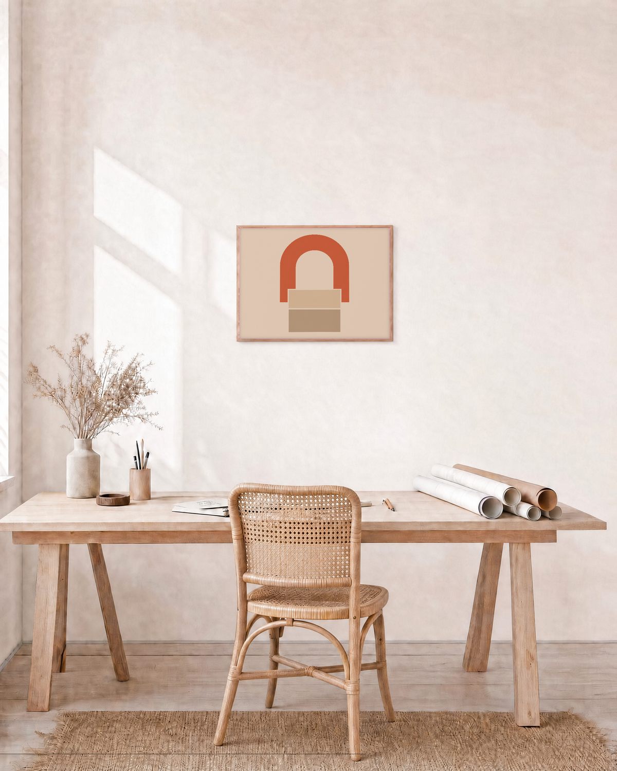 One Arch Two Rectangles unframed print is shown framed for styling in a home office; frame not included