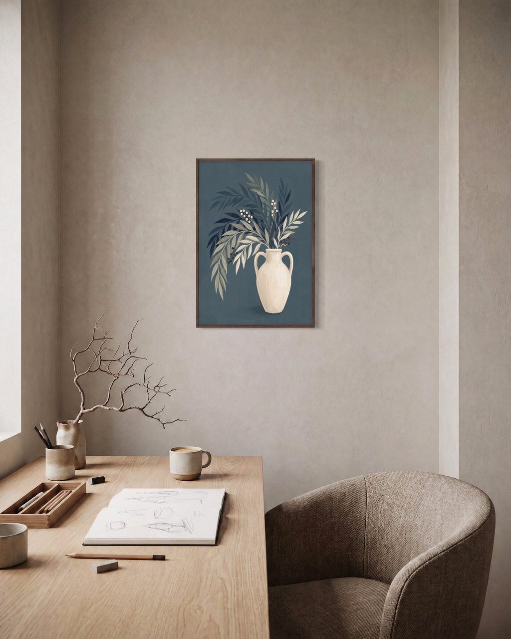 Teal Willow Pitcher unframed print is shown framed for styling in a home office; frame not included