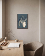 Teal Willow Pitcher unframed print is shown framed for styling in a home office; frame not included