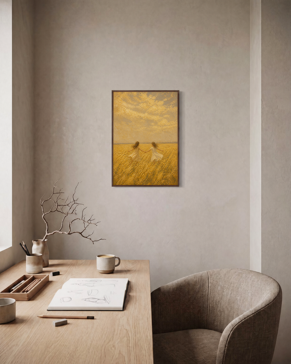 Golden Run golden field print: unframed print is shown framed for styling in a home office; frame not included