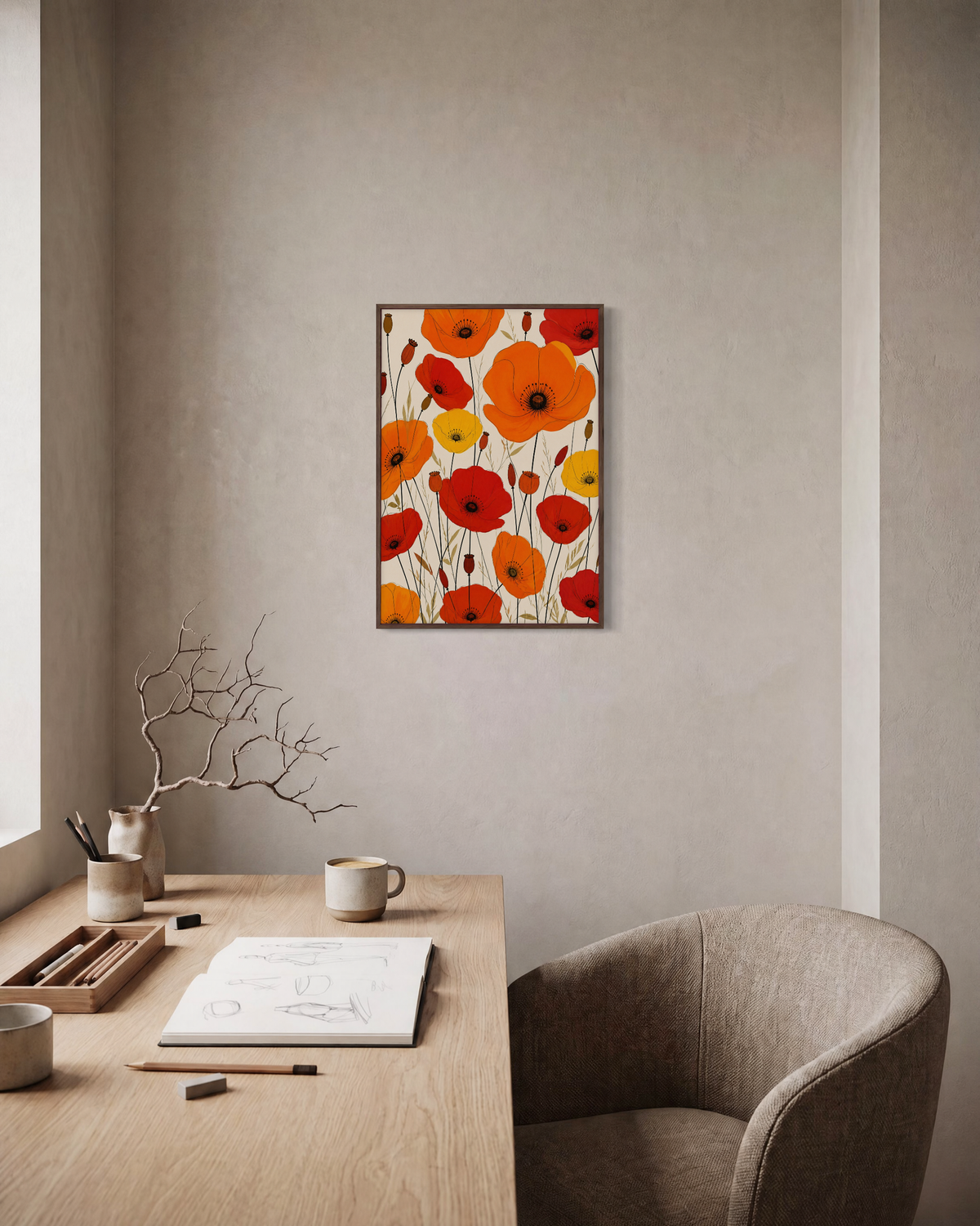 Meadow Scatter poppy meadow scatter wall art: unframed print is shown framed for styling in a home office; frame not included