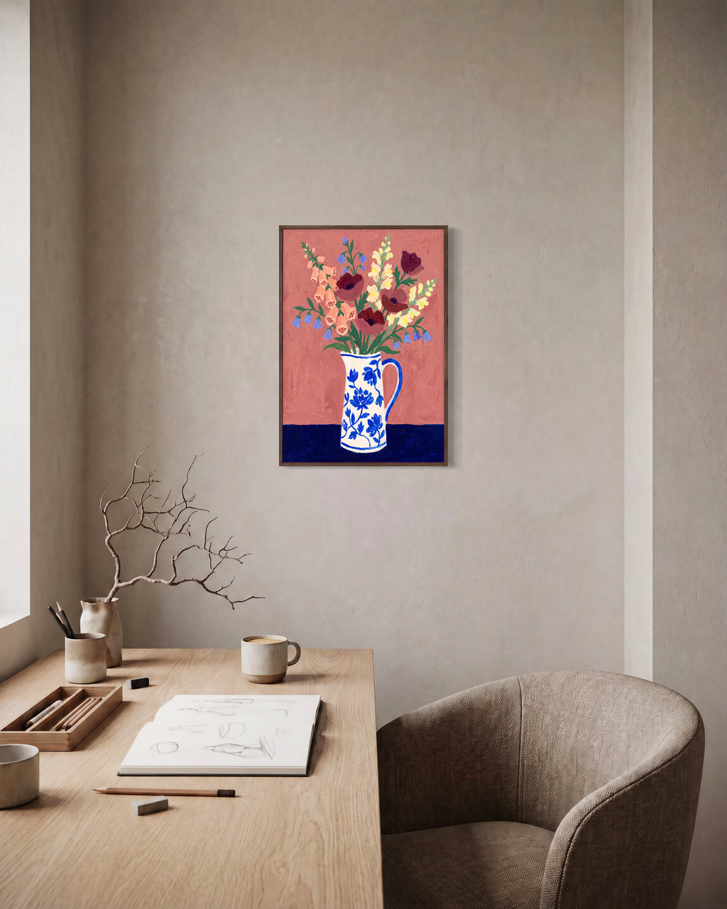 Cobalt pitcher floral print styled in a home office