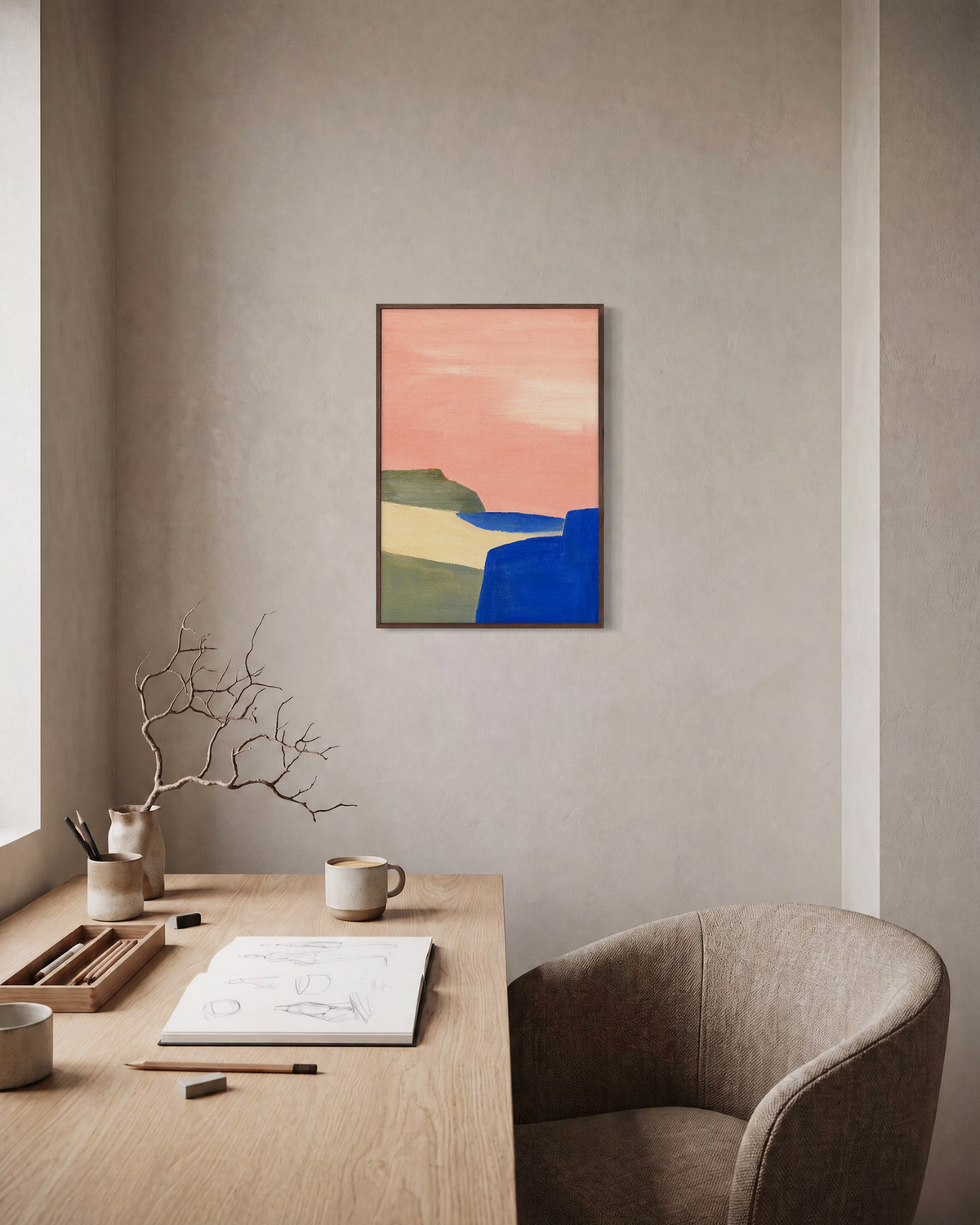 Pink Field Above Blue Cliff pink & blue abstract landscape wall art print: unframed print is shown framed for styling in a home office; frame not included