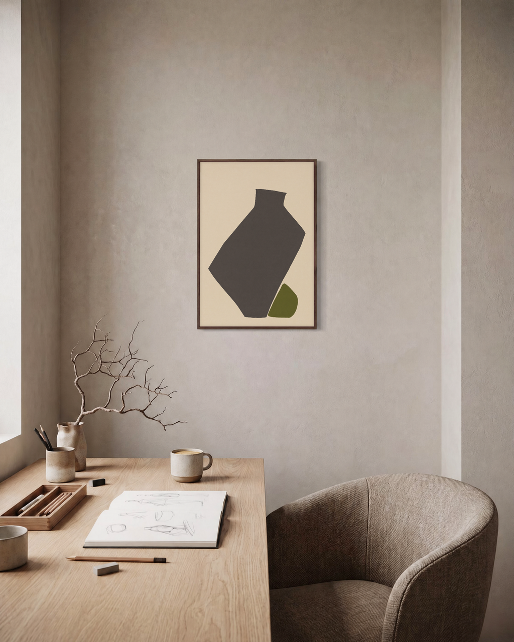 Olive Tilt olive green abstract vase wall art print: unframed print is shown framed for styling in a home office; frame not included