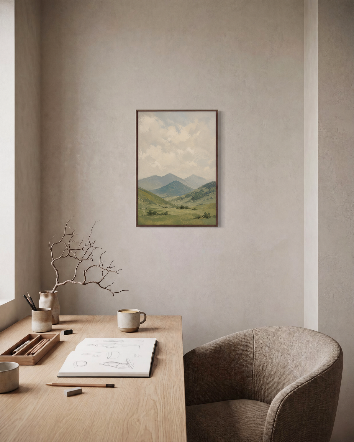 Clouded Valley soft valley print: unframed print is shown framed for styling in a home office; frame not included