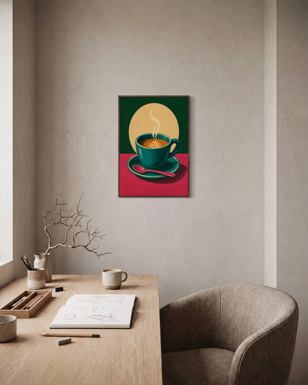 Morning Latte leaf latte print: unframed print is shown framed for styling in a home office; frame not included