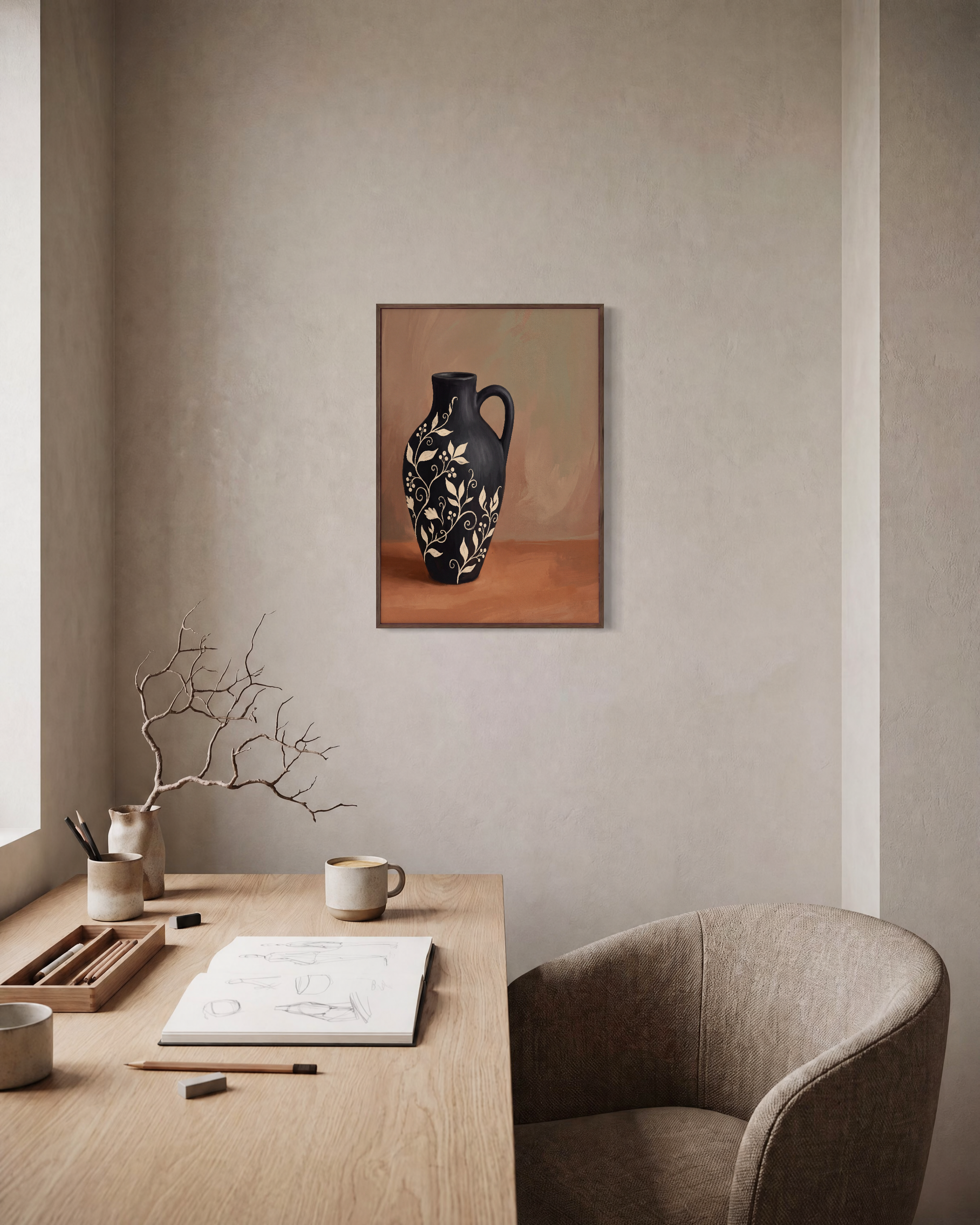 Black Amphora Motif unframed print is shown framed for styling in a home office; frame not included