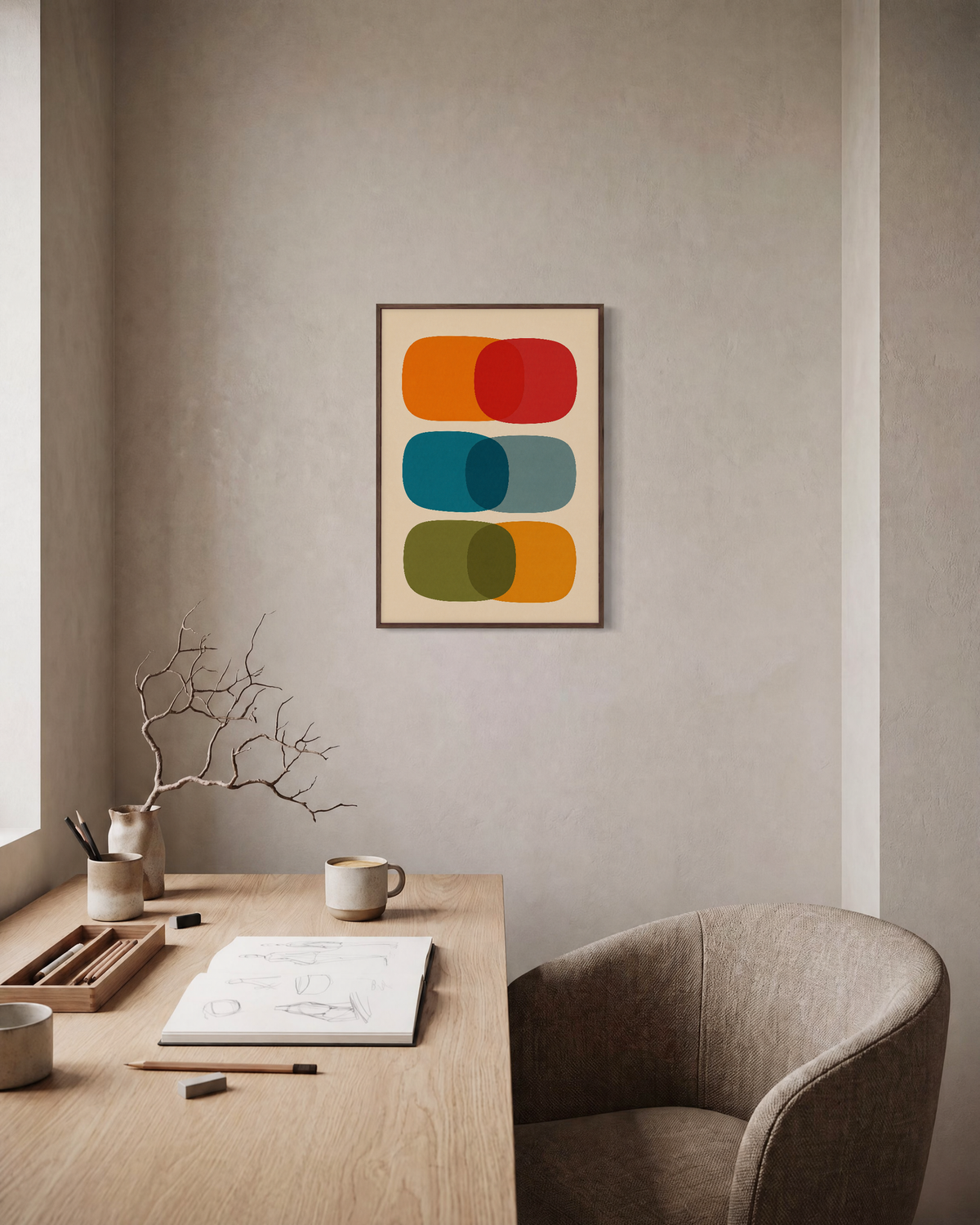 Pill Count mid century pill wall art: unframed print is shown framed for styling in a home office; frame not included