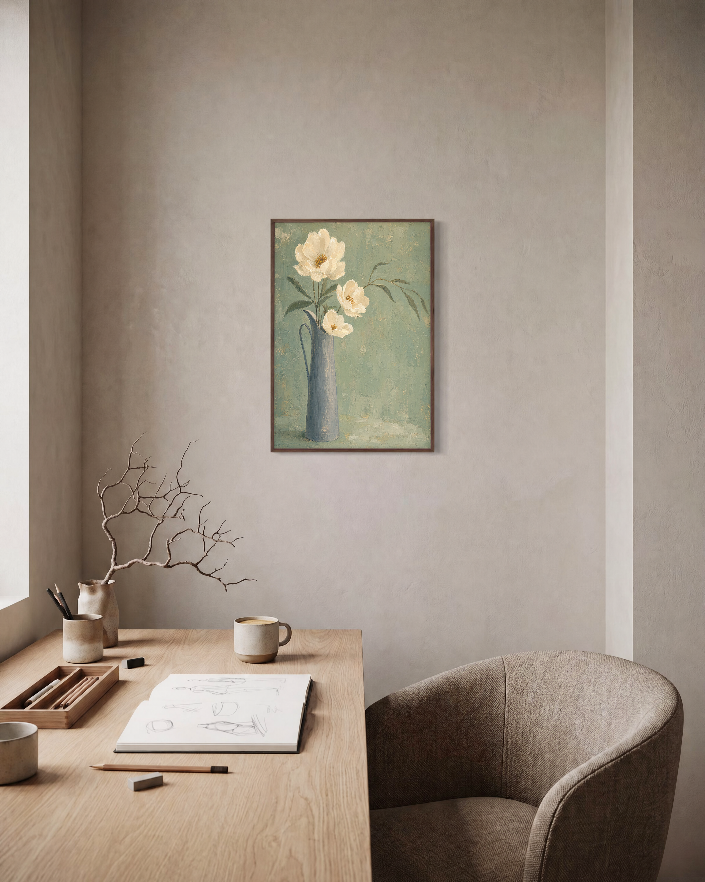 Ivory Pitcher Blooms Press edition unframed print is shown framed for styling in a home office; Frame not included