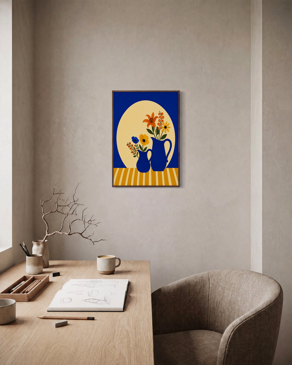 Cobalt Bowl Mixed Bloom Remap unframed print is shown framed for styling in a home office; frame not included
