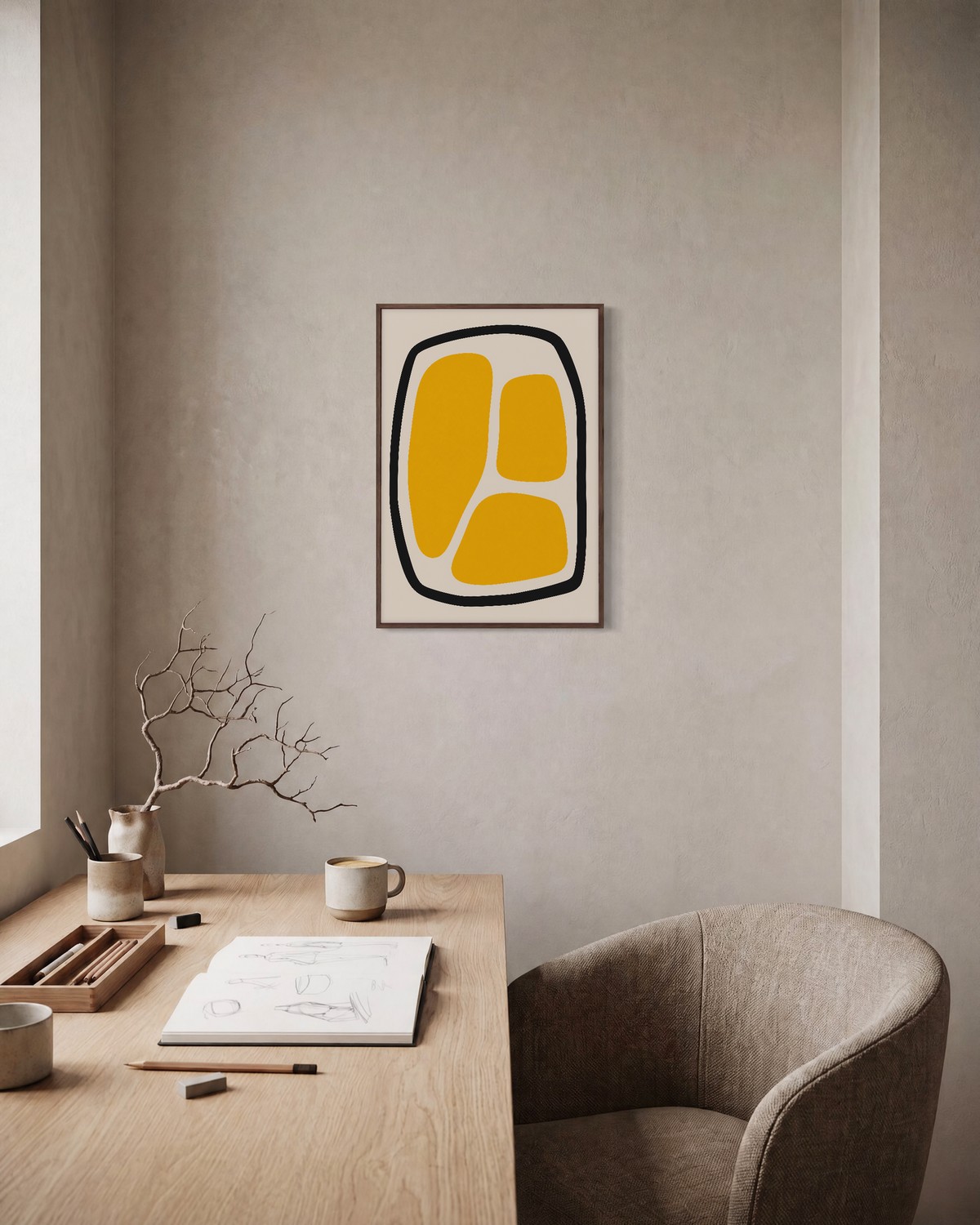 Looped Blocks yellow block loop wall art: unframed print is shown framed for styling in a home office; frame not included