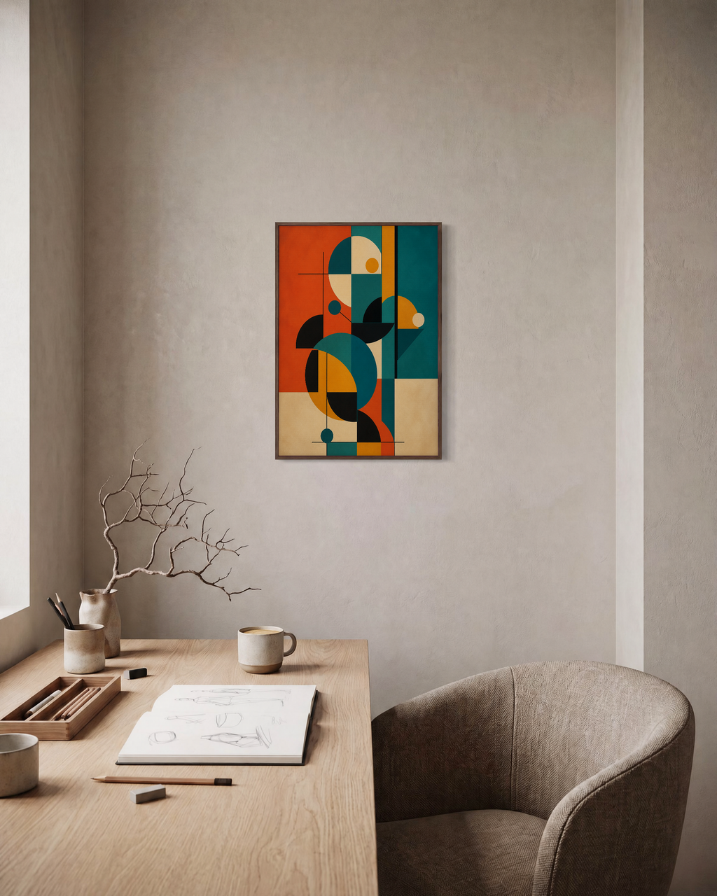 Circle Stack geometric art prints: unframed print is shown framed for styling in a home office; frame not included