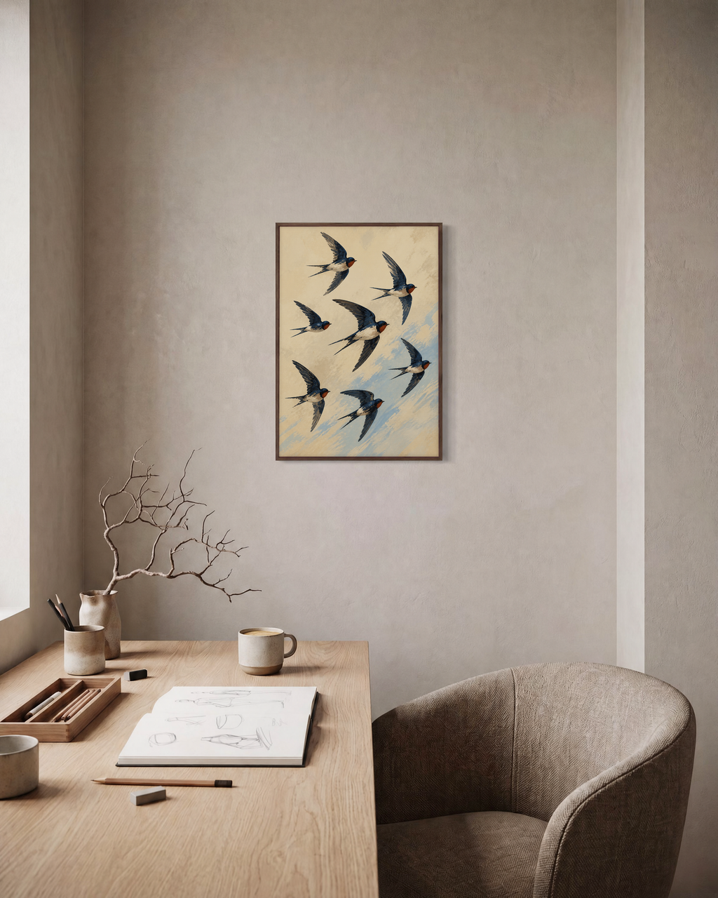 Passing Swallows bird art print: unframed print is shown framed for styling in a home office; frame not included