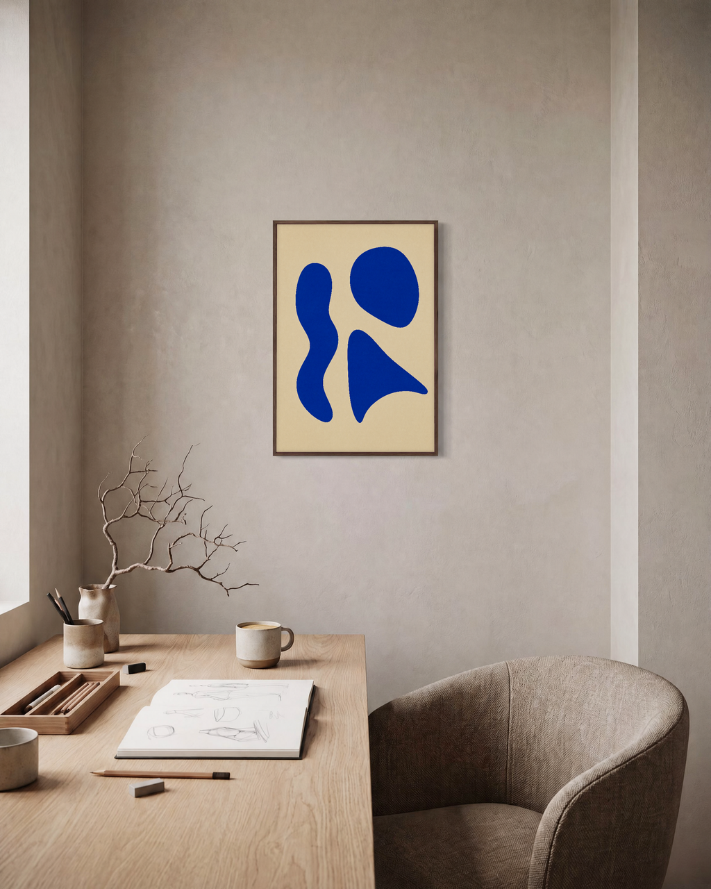 One Rest cobalt shape wall art: unframed print is shown framed for styling in a home office; frame not included