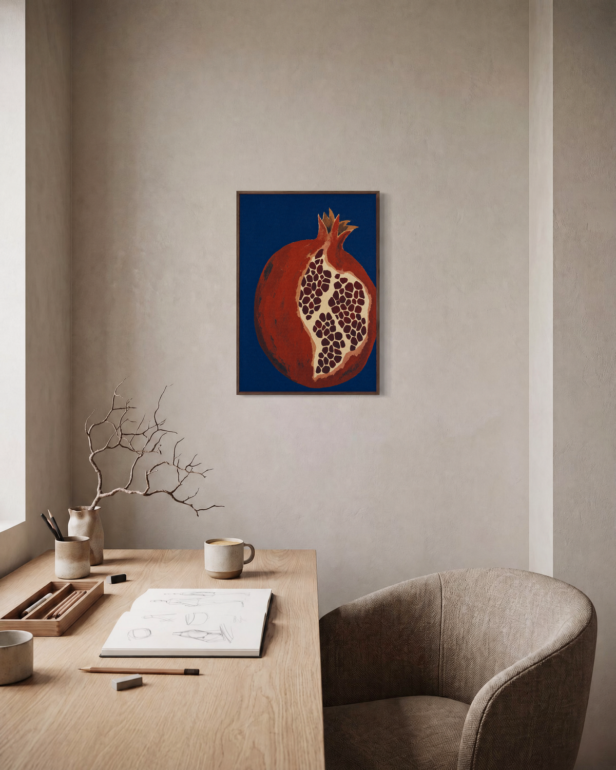 Night Pomegranate split pomegranate wall art: unframed print is shown framed for styling in a home office; frame not included