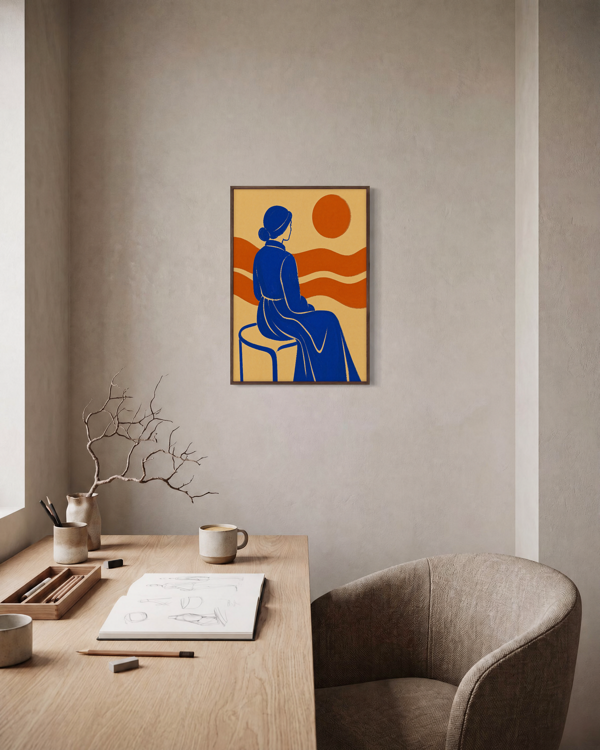 River Sitter seated cobalt figure wall art: unframed print is shown framed for styling in a home office; frame not included