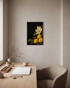 Lemon Magnolia Dark unframed print is shown framed for styling in a home office; frame not included
