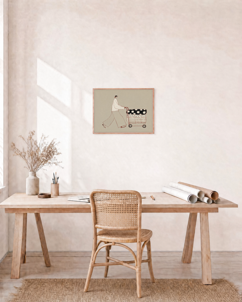 Carry Pattern unframed print is shown framed for styling in a home office; frame not included