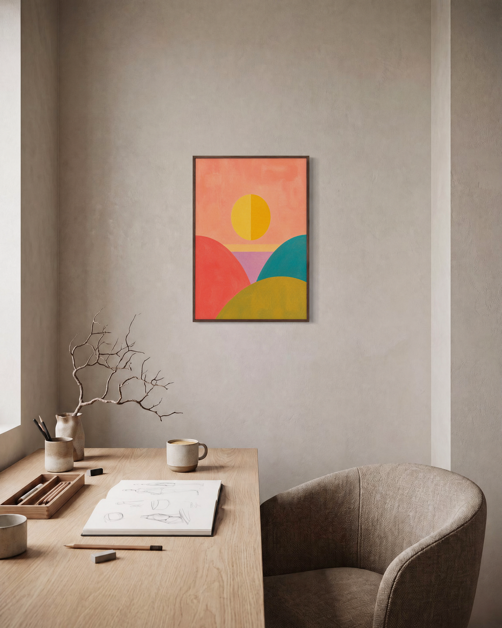Split Sun split sun wall art: unframed print is shown framed for styling in a home office; frame not included