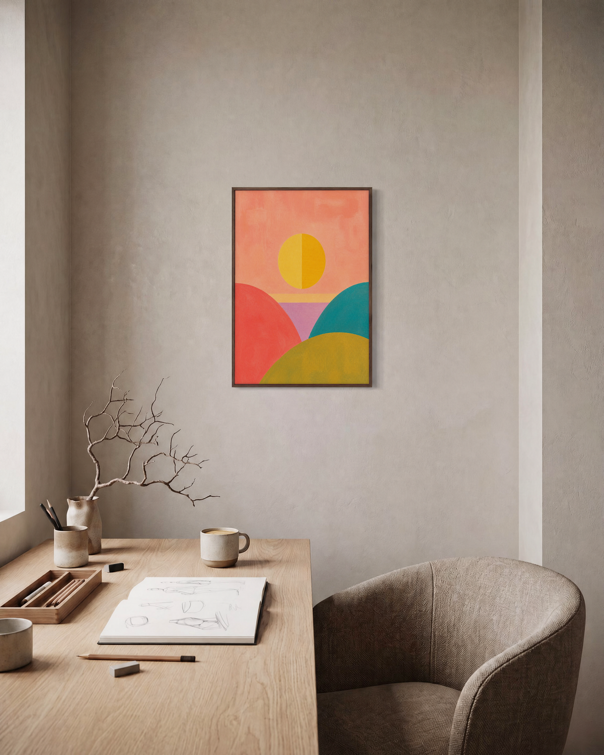 Split Sun split sun wall art: unframed print is shown framed for styling in a home office; frame not included