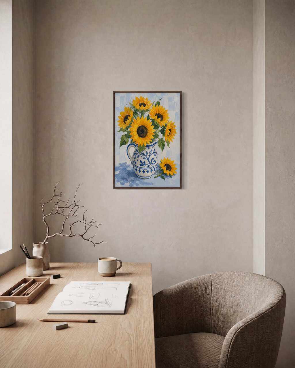 Pitcher Morning botanical sunflower print: unframed print is shown framed for styling in a home office; frame not included