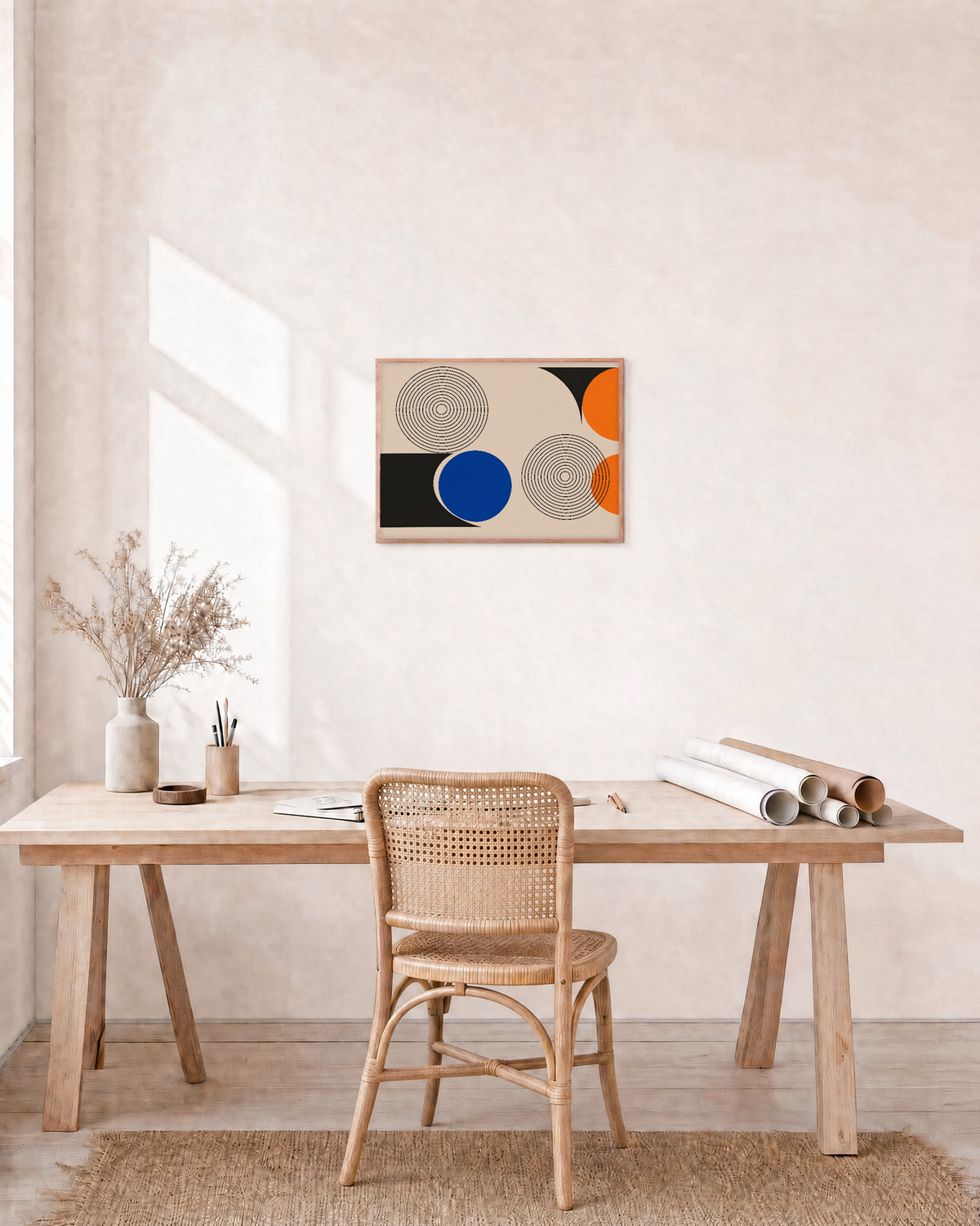 Blue Reply concentric ring wall art: unframed print is shown framed for styling in a home office; frame not included