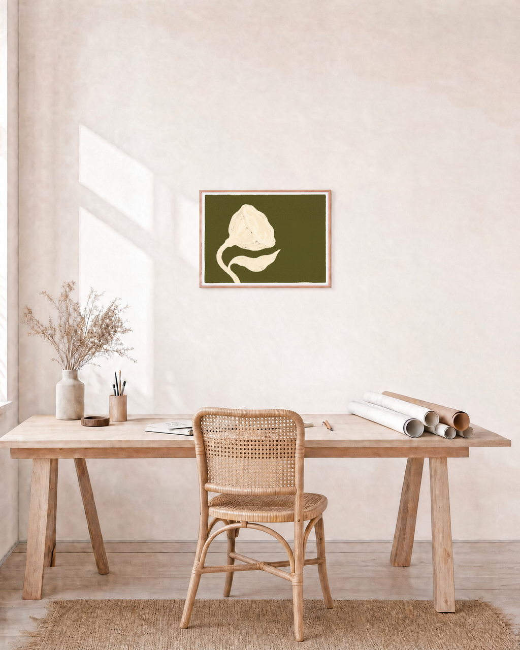 Ivory Bloom Forest unframed print is shown framed for styling in a home office; frame not included